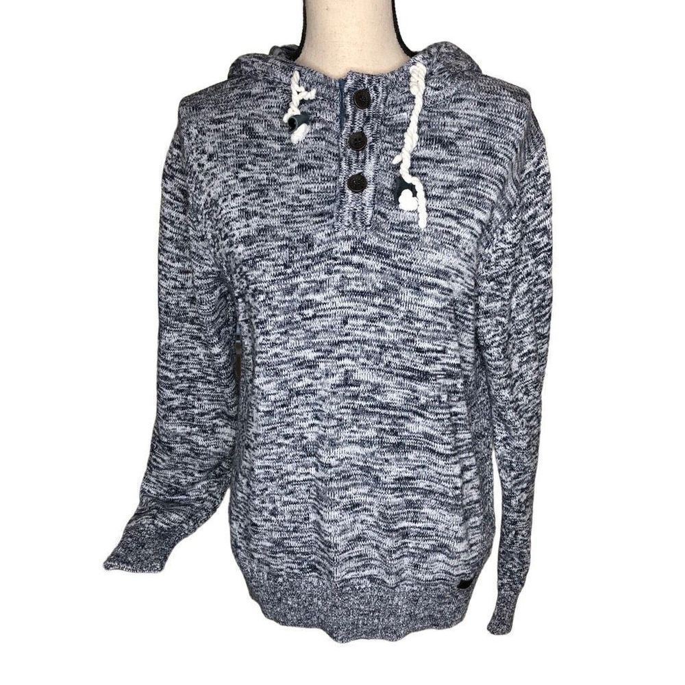Outpost Makers Navy and White Marled Cotton Hooded Normcore Sweater